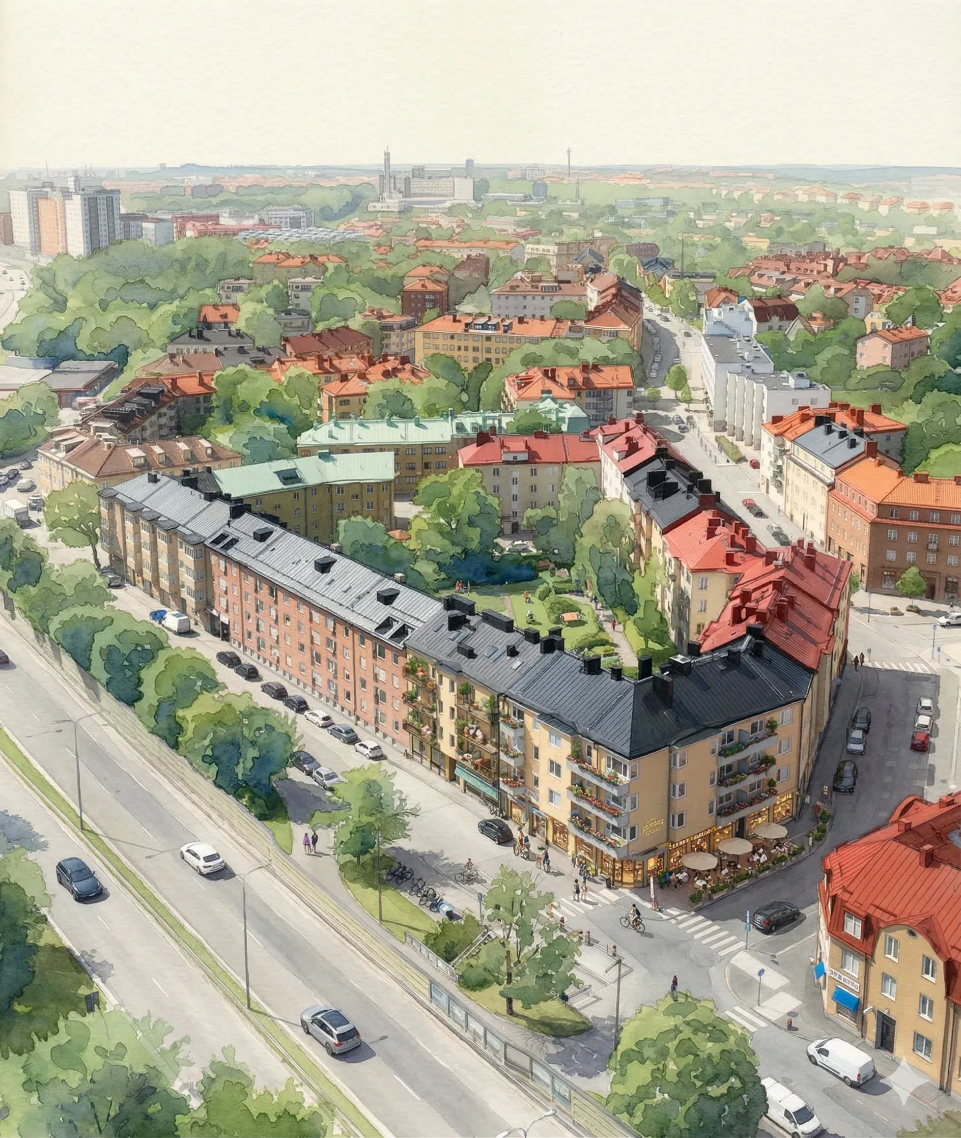 Flygbild över Vildrosen11 i Midsommarkransen, Stockholm